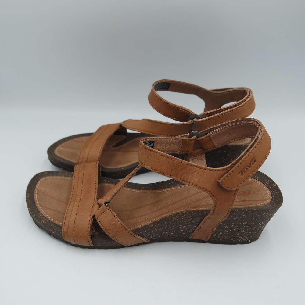 Teva Cabrillo Women's Wedge Tan Leather Strappy Sandals Size 8.5
